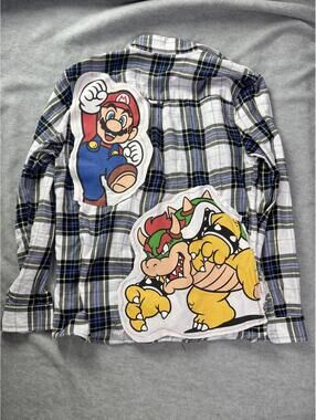 april 25th flannels mario bowser patch plaid upcycled topman L y2k gamer grunge